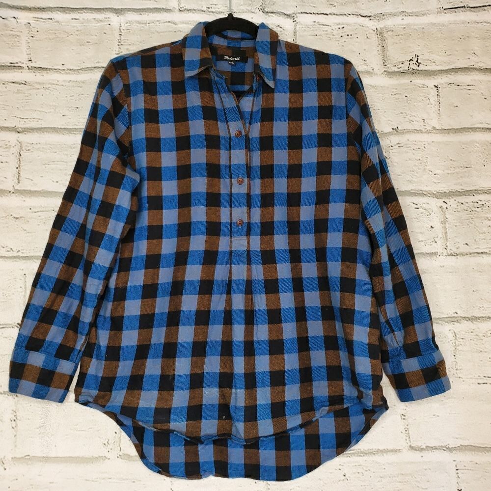 Madewell flannel drop shoulder popover top in Buffalo check xs brown blue